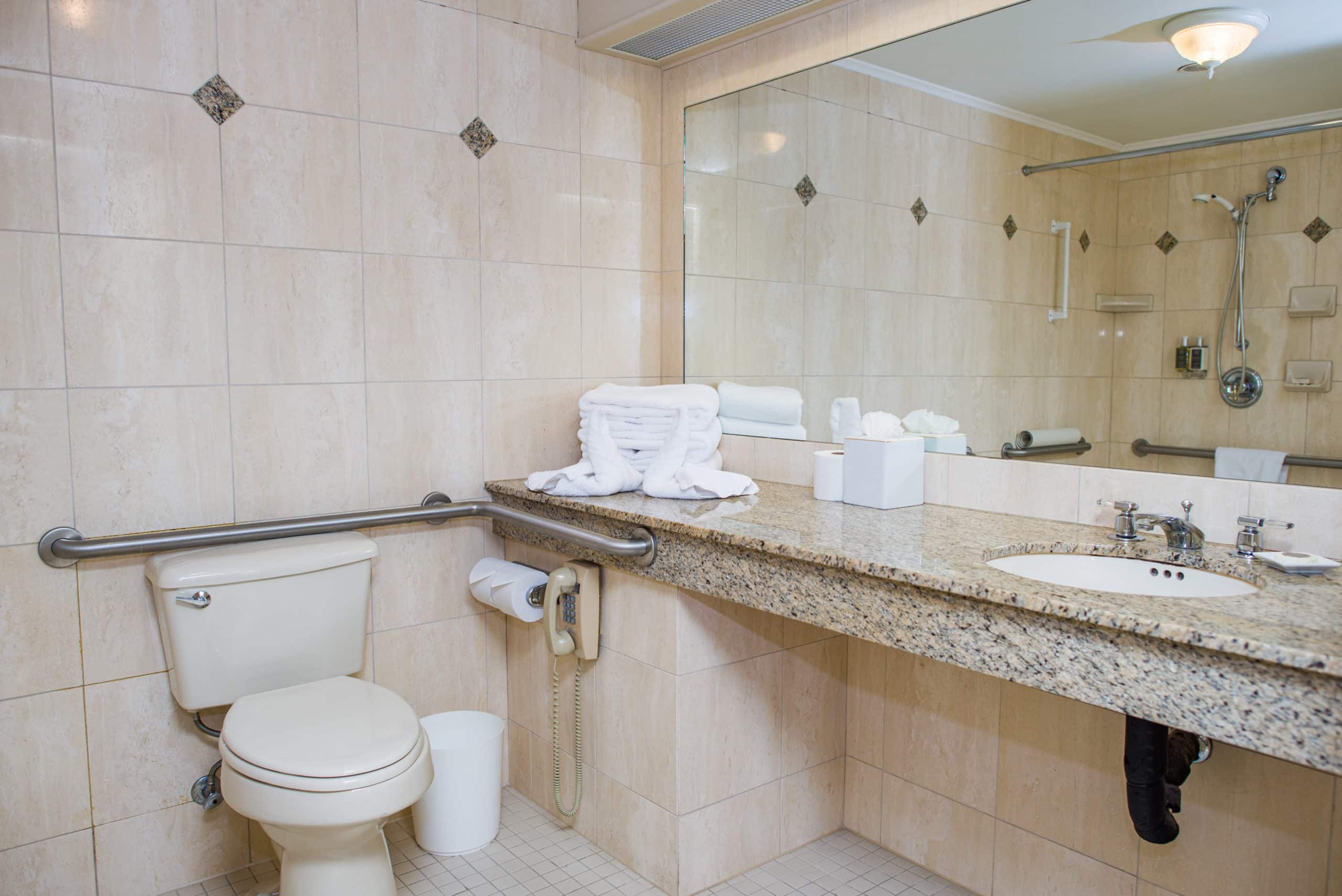 Spacious bathroom of our accessible hotel guestroom in downtown Seattle