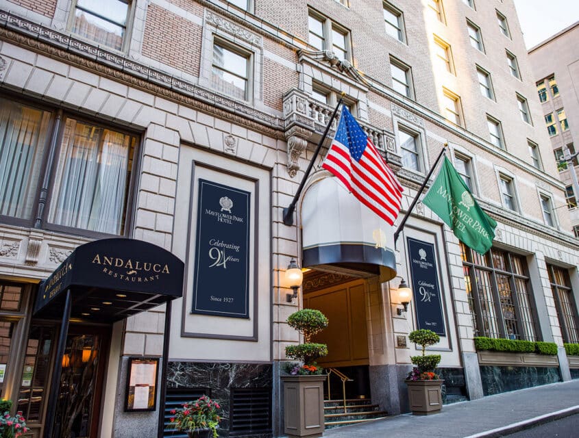 fron doors of the mayflower park hotel and andaluca restaurant