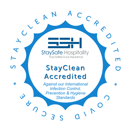 The Mayflower Park Hotel's StayClean Accreditation badge from StaySafe Hospitality.